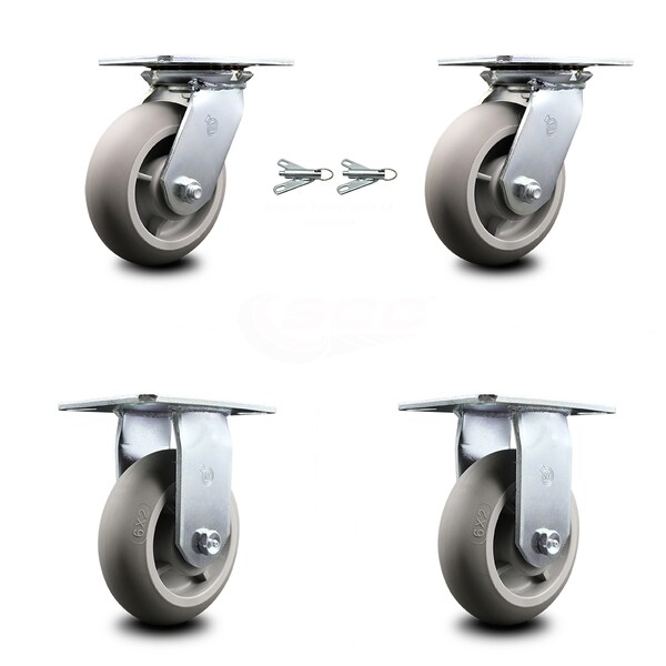 6 Inch Thermoplastic Caster Set with Roller Bearing 2 Swivel Lock and 2 Rigid